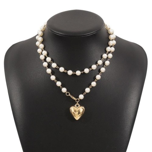 occidental style samll Double layer Pearl Alloy love pendant necklace ins wind chain