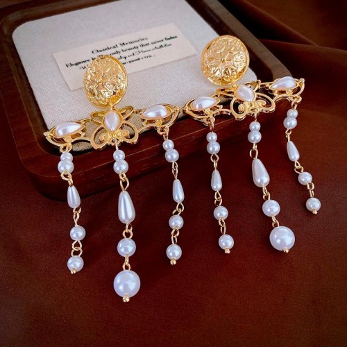 retro Metal Round Pearl drop tassel silver earrings samll high temperame