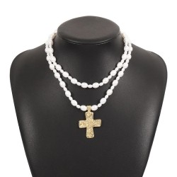 occidental style new cross pendant necklace  retro Pearl Double layer clavicle..