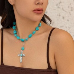 occidental style retro ethnic style Irregular turquoise Metal cross necklace w..