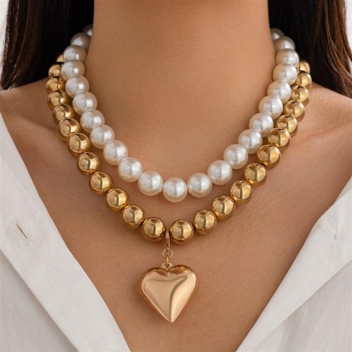 occidental style new  Pearl love clavicle chain beads heart-shaped necklace   punk summer style