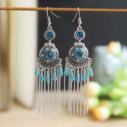 ( blueS3616) ethnic style long style beads chain tassel earrings high woman Bo..