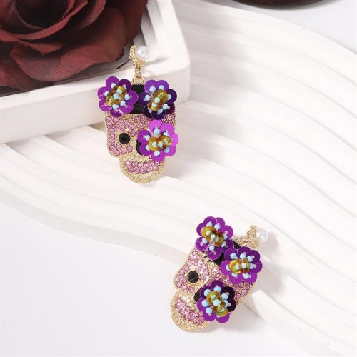 Halloween personality trend embed zircon sequin flower high skull ear stud   samll style