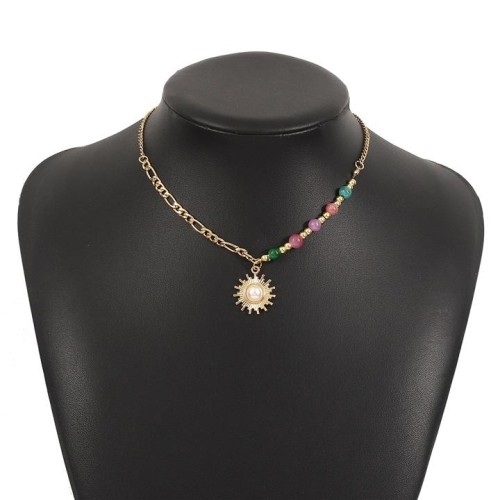 new medium retro sun mosaic Pearl necklace ins wind high glass clavicle chain