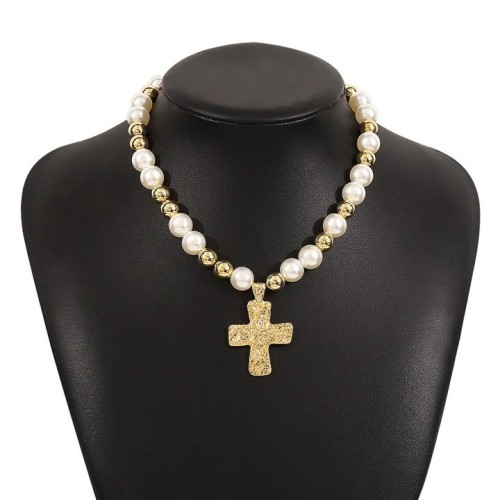 occidental style personality fashion fashion necklace  Pearl splice cross samll clavicle chain