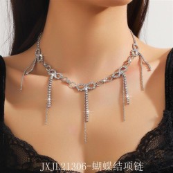 Rhinestone bow tassel pendant necklace  chain splice Korean style temperament ..