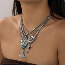 occidental style ethnic style turquoise Cowboy necklace set punk retro Metal h..