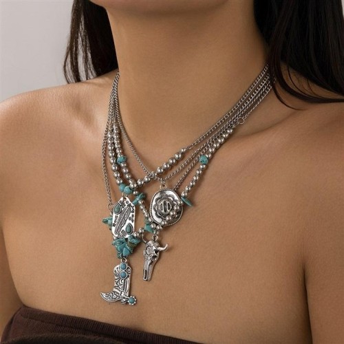 occidental style ethnic style turquoise Cowboy necklace set punk retro Metal head clavicle