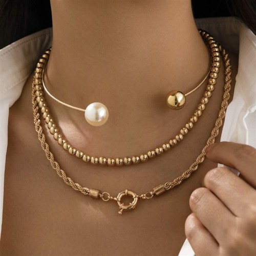 occidental style personality punk Metal cirque Collarnecklace asymmetry imitate Pearl beads necklace s