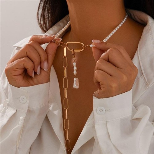 occidental style temperament imitate Pearl removable necklace woman  creativeO buckle Metal chainY tassel