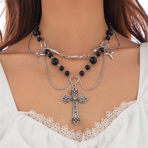 occidental style punk Metal cross imitate Pearl tassel necklace ins wind bow