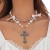 occidental style punk Metal cross imitate Pearl tassel necklace ins wind bow