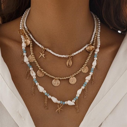 occidental style wind starfish Shells tassel necklace set ins imitate Pearl beads clavicle