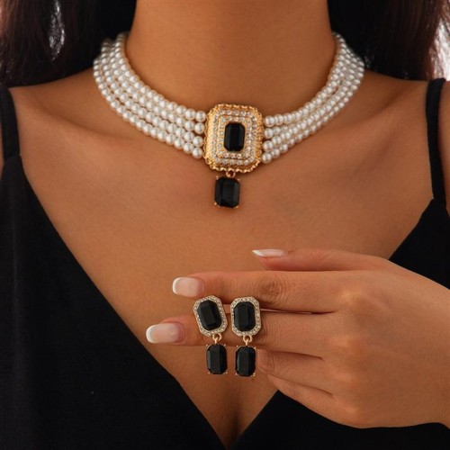 occidental style temperament square fully-jewelled gem necklace retro imitate Pearl beads clavicle