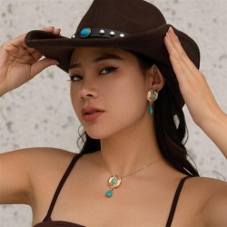 occidental style Cowboy ethnic style turquoise flowers pendant necklace retro ..