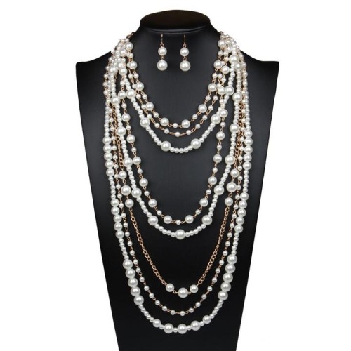 occidental style exaggerating multilayer Pearl necklace earrings set woman long style temperament