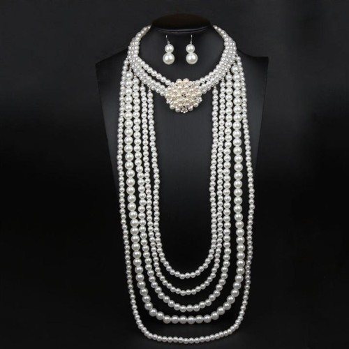  occidental style multilayer exaggerating diamond flowers Pearl necklace earrings set woman long style sweater 