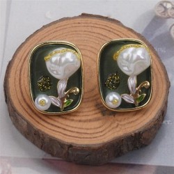 ins wind occidental style Pearl ear stud square flowers earring Alloy enamel d..