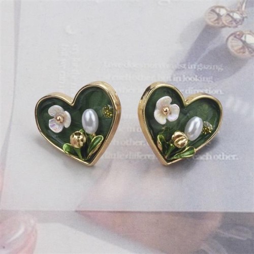ins wind occidental style Pearl ear stud love flowers earring Alloy enamel diamond Earring earrings