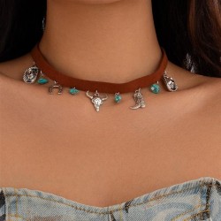 occidental style retro ethnic style head turquoise necklace  personality Cowbo..