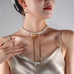 Korea fashion brief Pearl necklace  Metal belt bow necklace clavicle chain