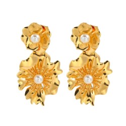 gold petal Earring medium temperament Pearl flowers earrings woman high retro ..