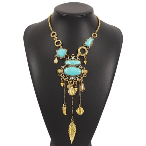occidental style ethnic style exaggerating pattern embed turquoise Alloy necklace  retroY chain