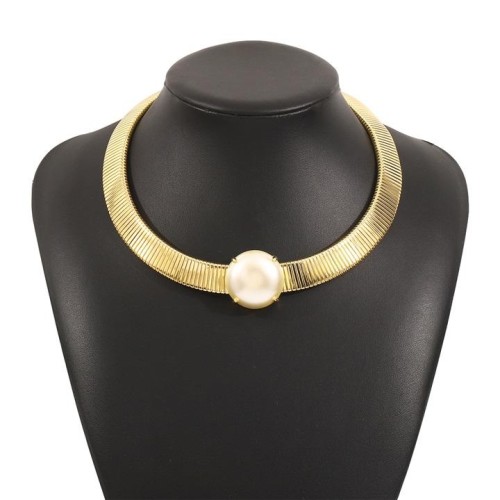 occidental style samll trend big Pearl Metal textured necklace  exaggerating personality high snake chain Collar