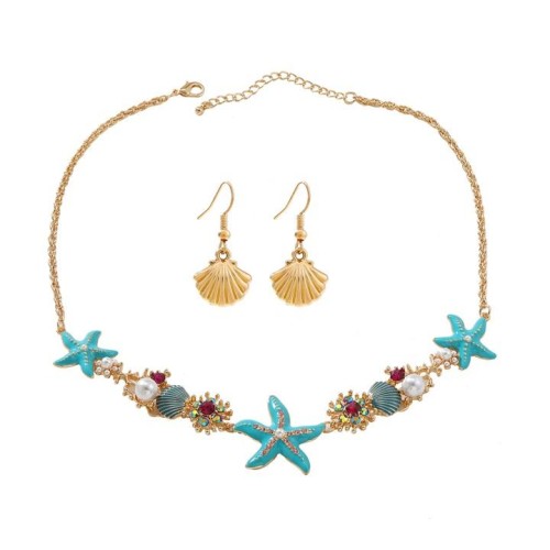 wind fashion high necklace earrings set starfish Shells clavicle chain woman