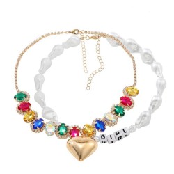 ethnic style beads Word fully-jewelled Pearl love pendant layer temperament ne..