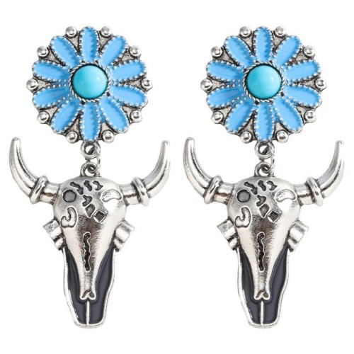 occidental style Cowboy wind embed blue flowers diamond head earrings  samll personality earring