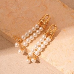 retro imitate Pearl geometry Double layer tassel silver earrings palace wind t..