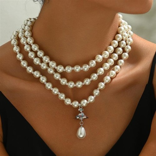 occidental style wind lady Pearl necklace multilayer brief samll diamond long style clavicle chain