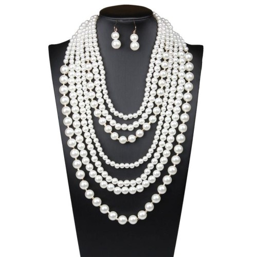 occidental style fashion multilayer Pearl necklace earrings set exaggerating temperament long style sweater cha