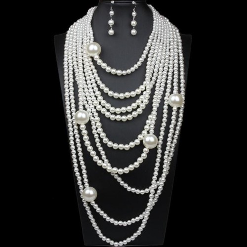 occidental style fashion multilayer big samll Pearl beads necklace earrings set sweater chain woman temperament