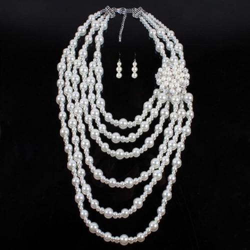 pendant occidental style exaggerating multilayer Pearl Rhinestone necklace earrings set banquet fashion