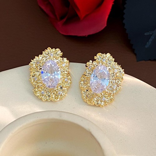 occidental style retro flowers pattern embed crystal zircon earrings high fashion silver ear stud