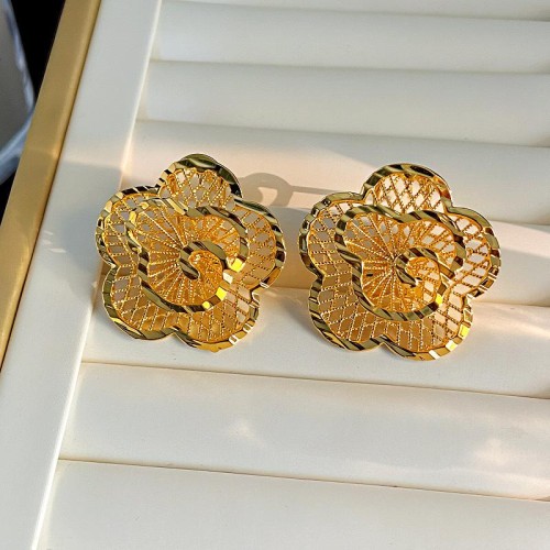  flower gold wind rose hollow bronze gilded silver layer three-dimensional earrings