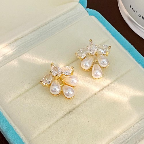  embed zircon leaves Pearl ear stud fashion silver Earring high temperament earrings woman