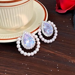 retro love crystal gem Pearl earrings high silver ear stud zircon Earring