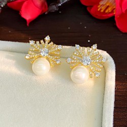 zircon snowflake Pearl ear stud samll silver earrings high temperament Earring