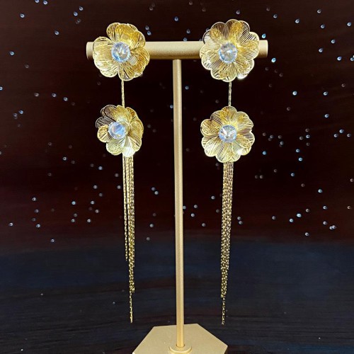 silver hollow Metal flowers tassel earrings occidental style retro high ear stud temperament Earr