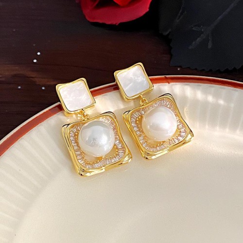  retro high square zircon Pearl earrings geometry fashion temperament ear stud high silver Earring