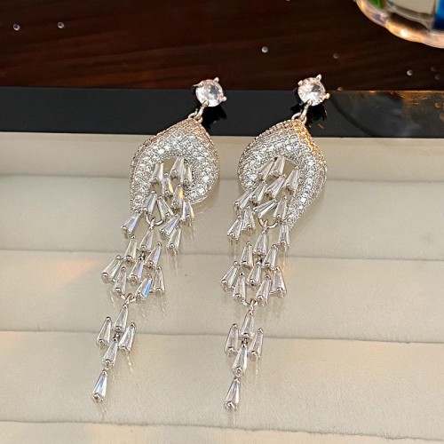 occidental style fashion retro long style tassel zircon earrings silver temperament ear stud hi