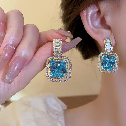 fashion high geometry square embed fully-jewelled occidental style wind earrings gem blue gradual change color cr