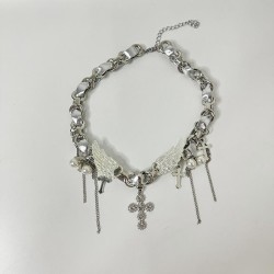 ins angel wings cross necklace samll fashion clavicle chain woman