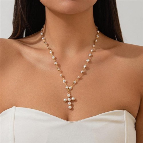 occidental style temperament imitate Pearl cross pendant necklace woman  briefins wind Metal chain clavicle