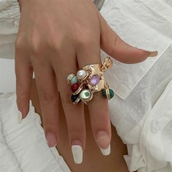 occidental style exaggerating retro color gem Pearl tassel ring woman  persona..