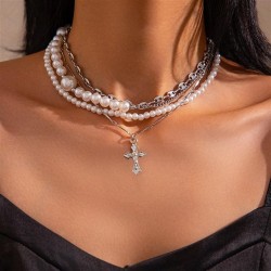 occidental style retro imitate Pearl beads necklace  wind Rivet cross