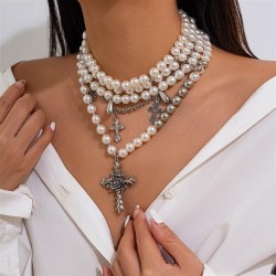 occidental style punk rose cross necklace  retro drop Pearl beads set